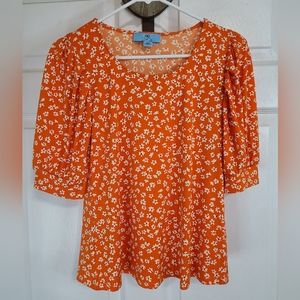 CeCe Woman's Floral Print Short Sleeve Blouse,  Size: XS Color: Orange